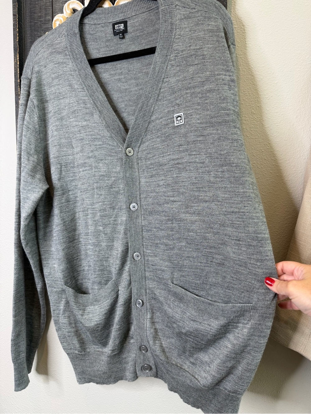 Obey Men’s Gray V-Neck Button Cardigan Sweater